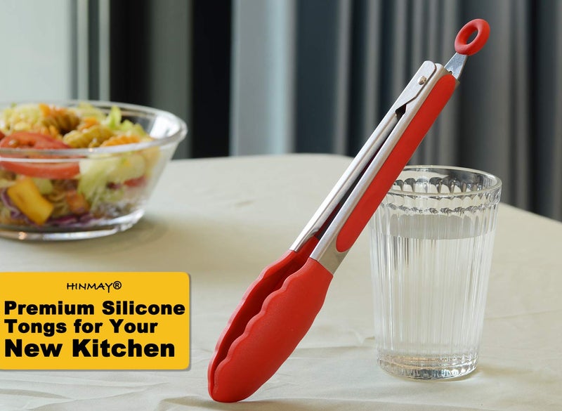 HINMAY 9" Silicone Kitchen Tongs with Silicon tips, Set of 3 (Red Blue Green) - Image 5